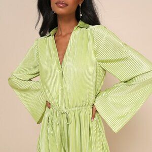 Lulus Suited For Style Chartreuse Satin Plisse Long Sleeve Romper Green - Size S